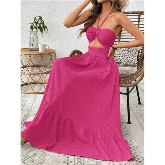 NEW - ‎ Women's Vacation Solid Color Pink  Ruched Waist Backless Halter Dress - Picture 1 of 5